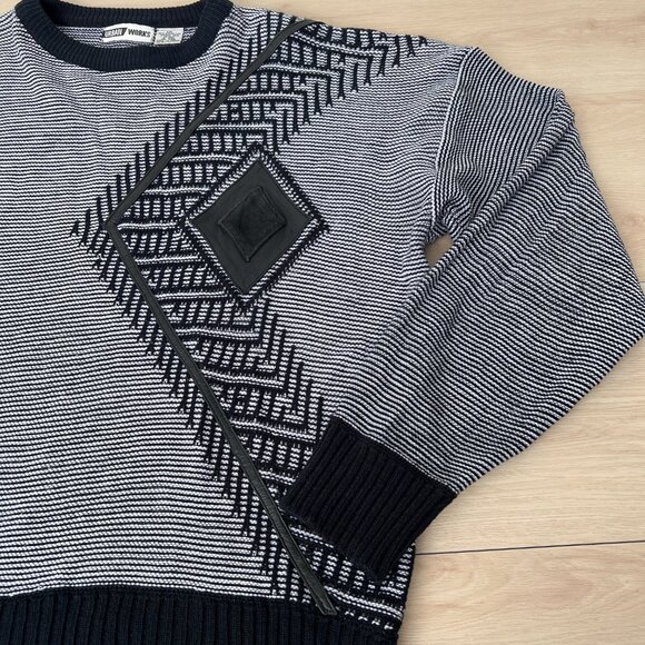 Vintage 90s Urban Works Black White Striped w/ Leather Trim Crewneck Sweater XXL - Picture 2 of 15